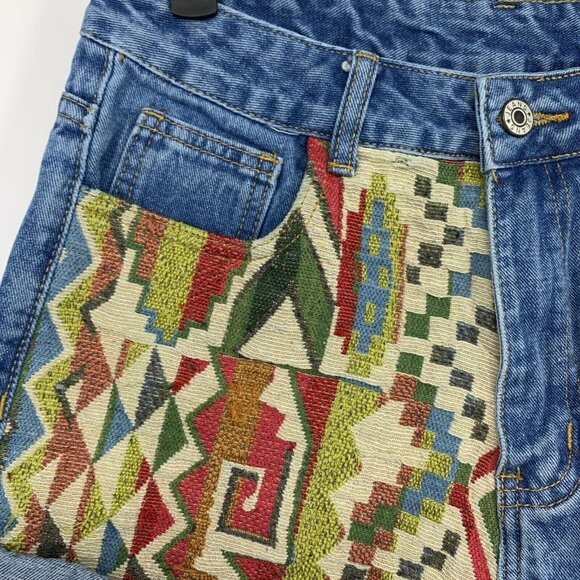 Shein Denim Shorts Blue Roll Up Embroidered Aztec Tribal - Picture 2 of 9